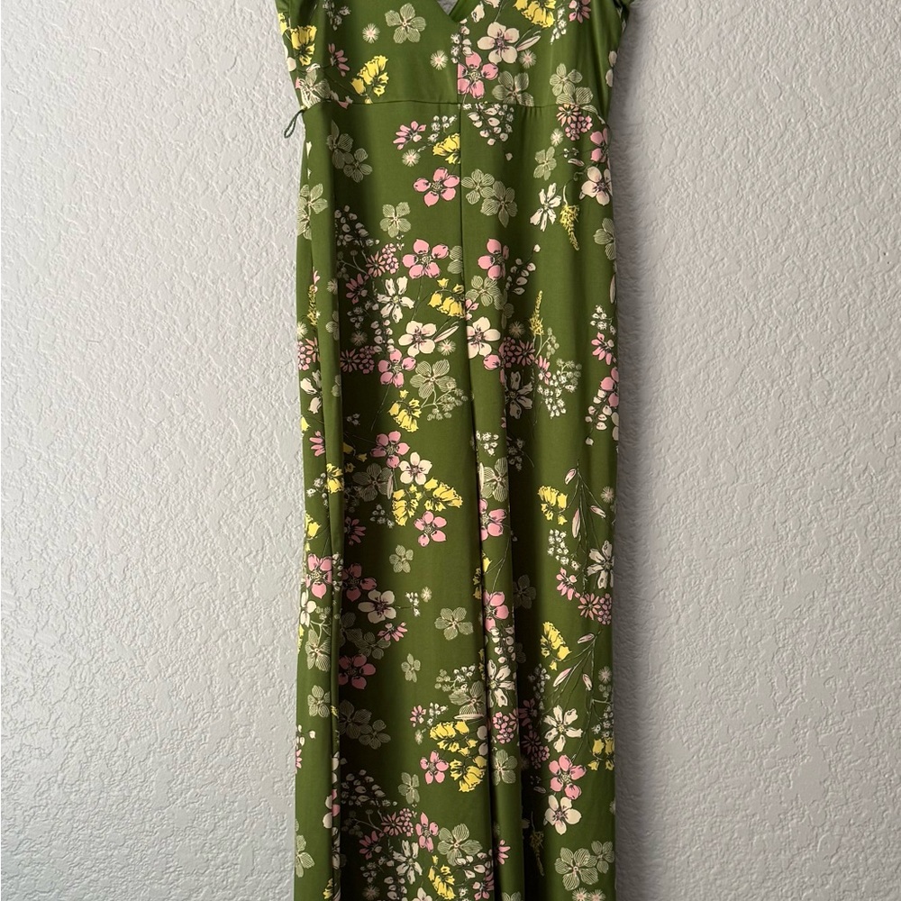 Forever 21 Green Floral Pantsuit Wide leg Spring V Neck Boho Size S - Picture 4 of 14